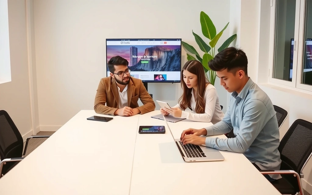 Echipă de designeri și dezvoltatori web colaborând într-un birou modern, folosind laptopuri și tablete pentru a crea un site web