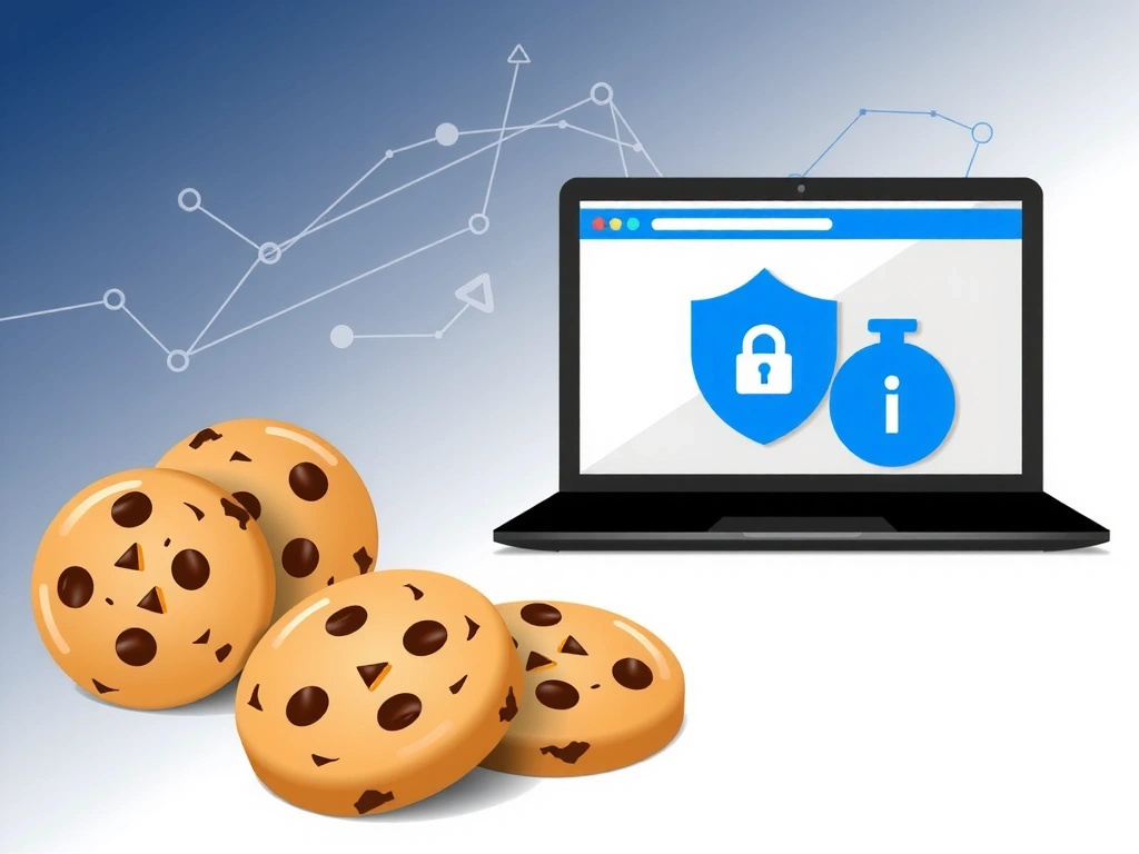 Ilustrație cu diverse tipuri de cookie-uri și un browser web, simbolizând confidențialitatea datelor și modul în care cookie-urile sunt gestionate pe internet.