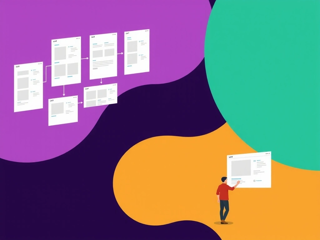 Ilustrație abstractă a unui proces de design UI/UX cu elemente vizuale și interacțiuni