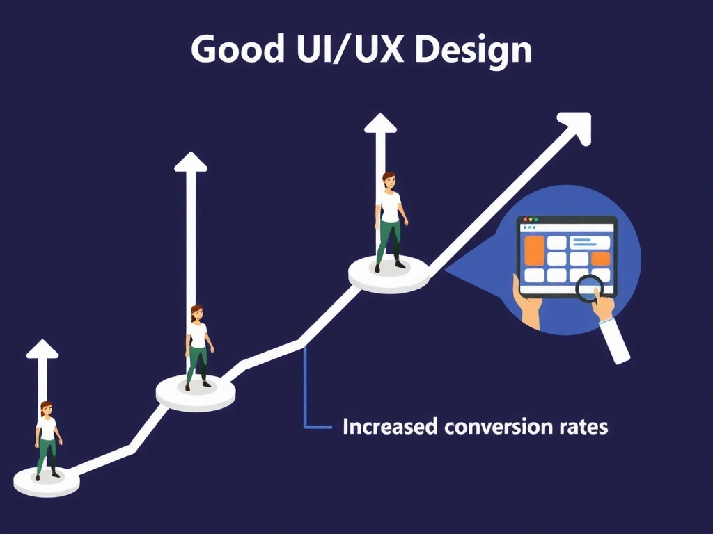 Imagine reprezentând beneficiile UI/UX designului, cu grafice de creștere și utilizatori fericiți