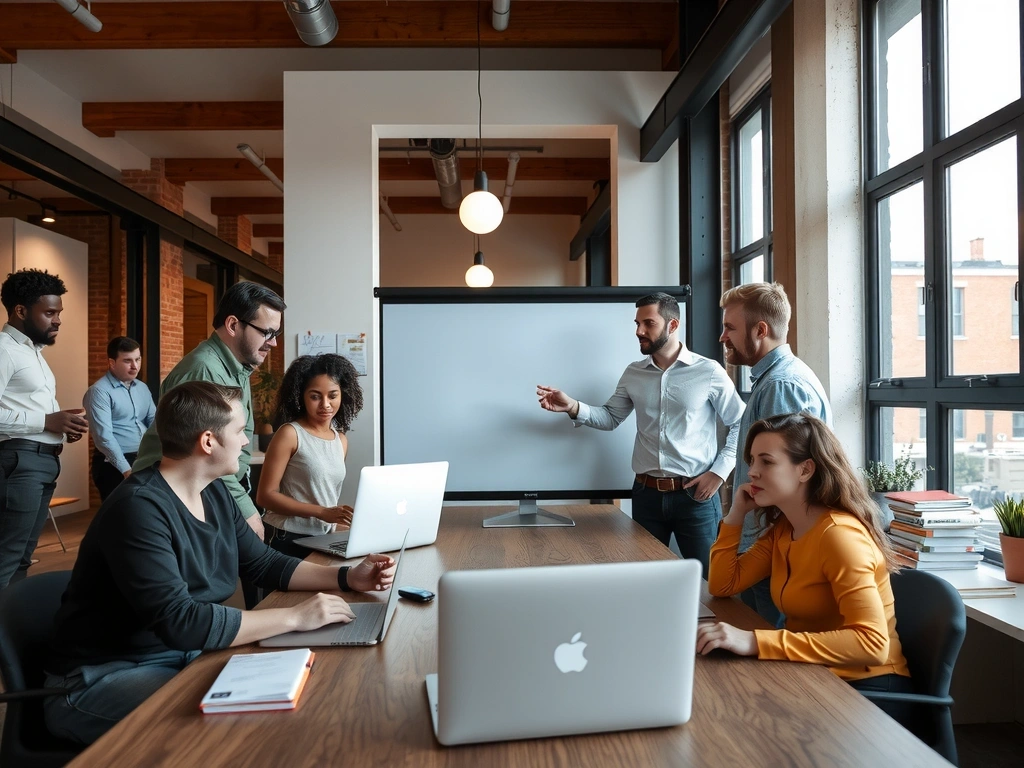 Echipa lucrând într-un birou modern, colaborând eficient