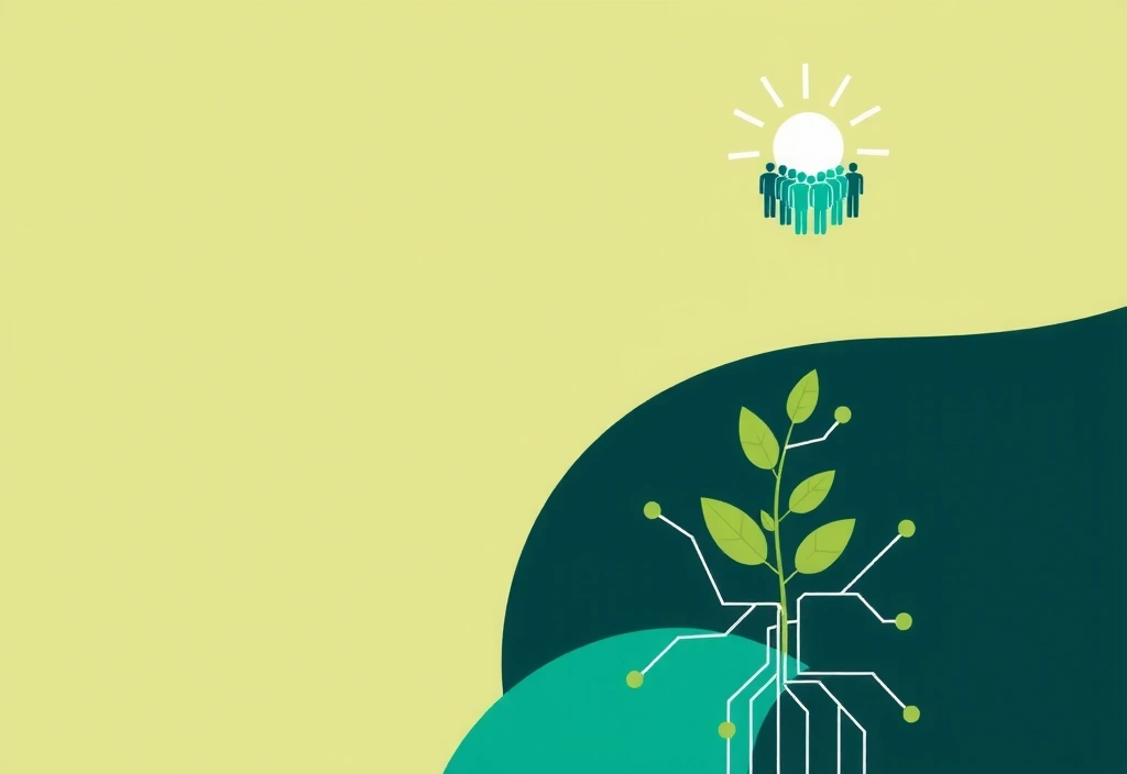 Imagine abstractă reprezentând creșterea unei plante din elemente digitale, simbolizând sustenabilitatea