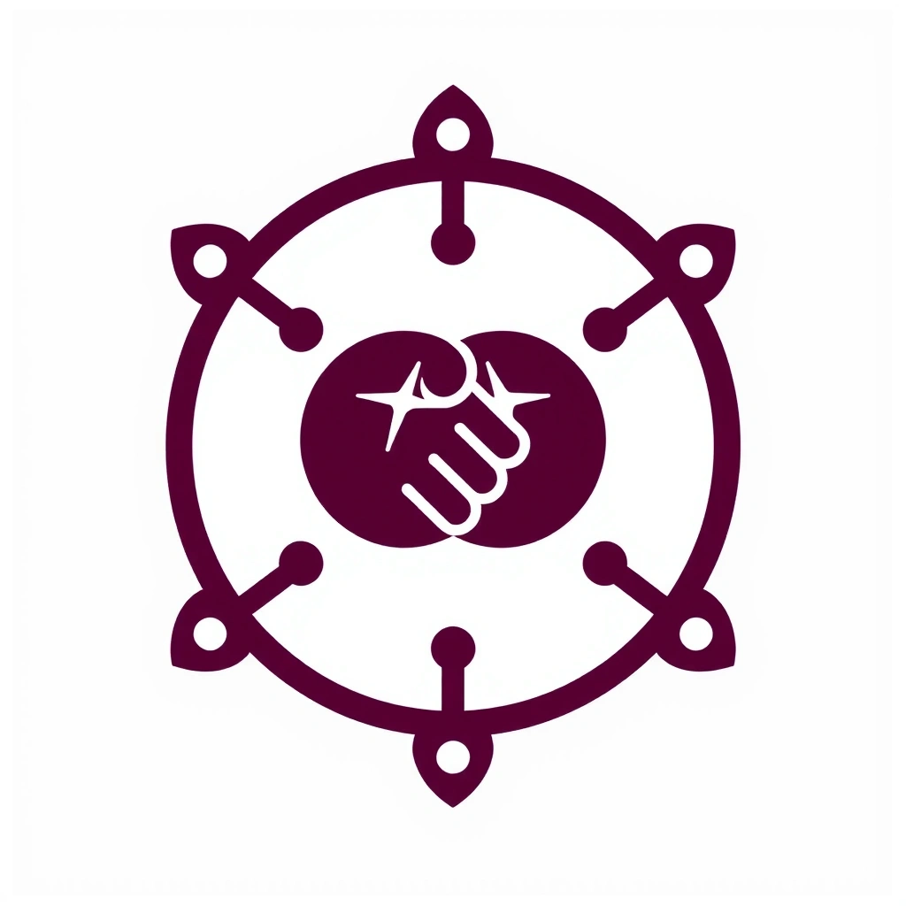 Pictogramă reprezentând colaborarea, cu două mâini care se unesc și elemente de rețea