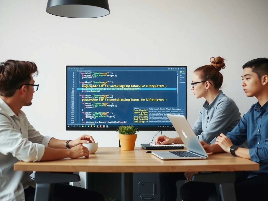 Echipa de dezvoltatori colaborând în fața unui ecran cu cod