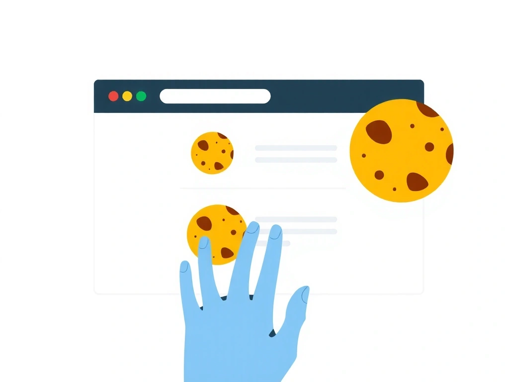 Ilustrație a unui browser web cu iconițe de cookie-uri și o mână care gestionează setările de confidențialitate.