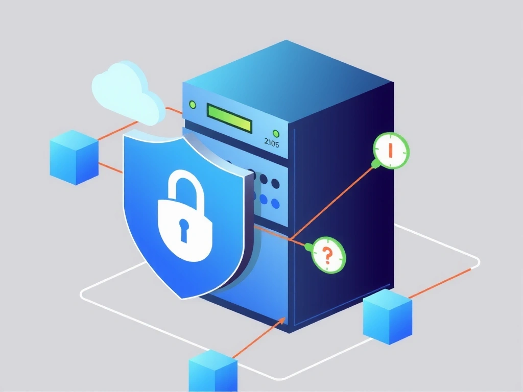 Ilustrație a unui server securizat cu un firewall și simboluri de criptare.