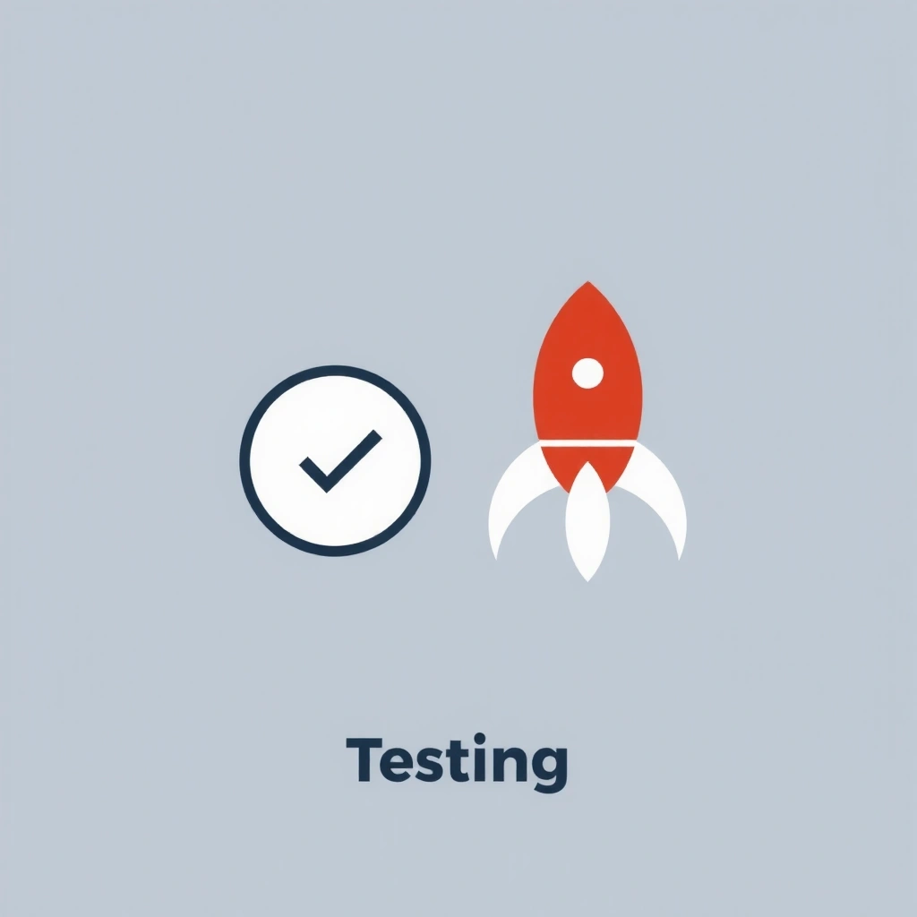 Iconiță reprezentând o bifă și o rachetă, simbolizând testarea și lansarea.