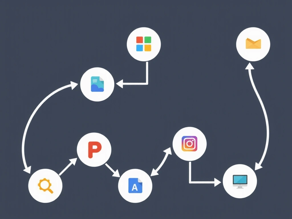 Ilustrație abstractă a unui flux de lucru digital, cu săgeți și pictograme care indică pași și progres.