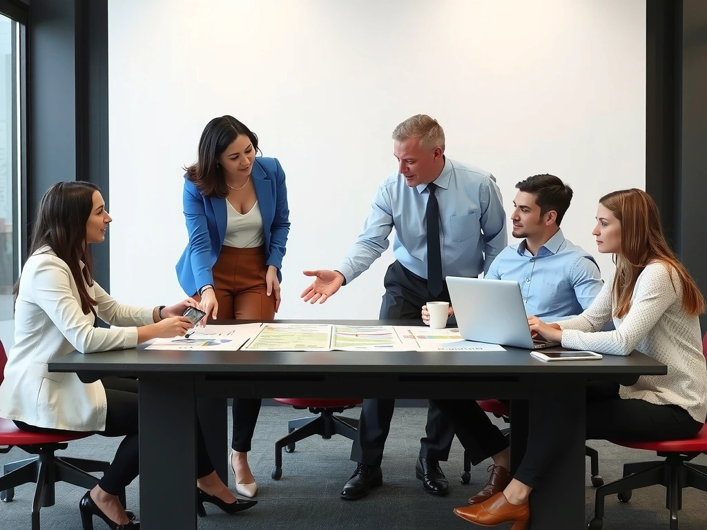 O echipă de profesioniști colaborează în jurul unui plan de proiect, arătând eficiență și transparență.