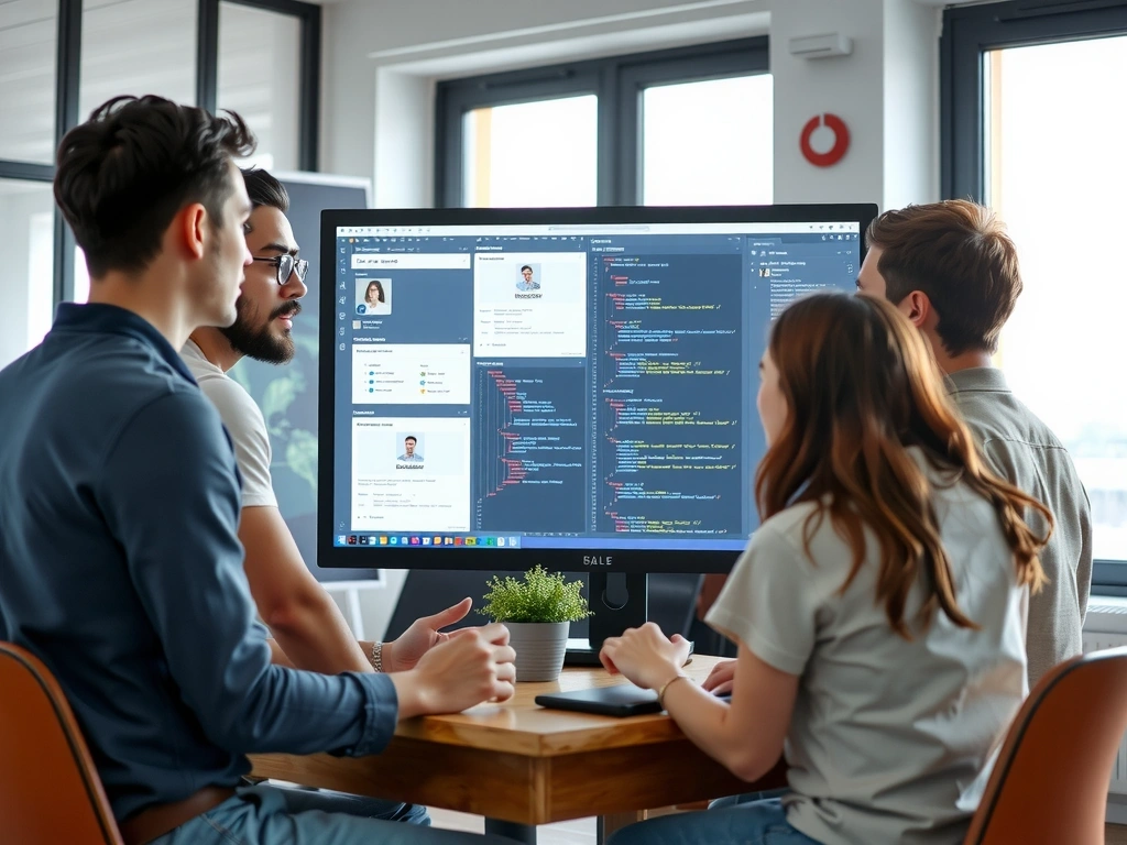 Echipa de designeri și dezvoltatori colaborând la un proiect digital