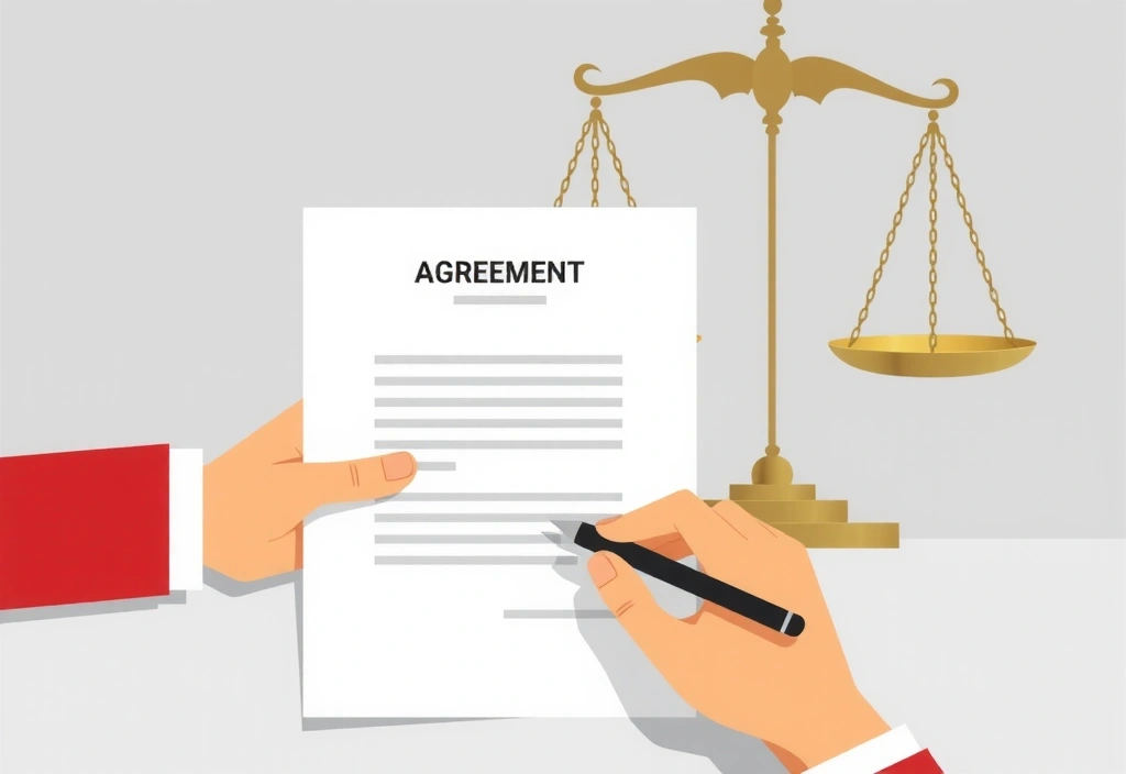 Ilustrație abstractă a unui acord legal, cu o mână care semnează un document și o balanță a justiției în fundal, simbolizând echilibrul și conformitatea cu termenii.