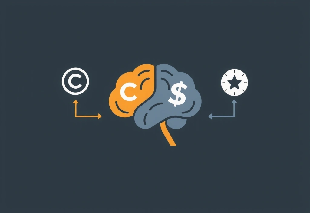 Imagine conceptuală a proprietății intelectuale, cu simboluri de copyright și mărci înregistrate plutind în jurul unui creier stilizat, reprezentând originalitatea și protecția creației.