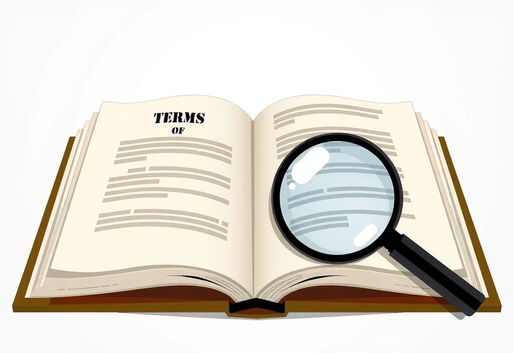 O ilustrație a unei cărți deschise cu o lupă, simbolizând revizuirea și înțelegerea condițiilor de utilizare, cu un accent pe transparență și claritate.