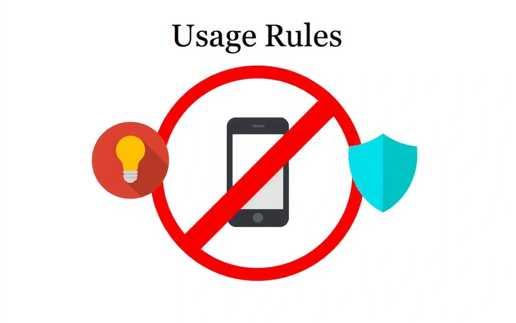 O ilustrație a unor reguli de utilizare, cu un semn de interdicție peste un smartphone și simboluri de securitate cibernetică, reprezentând utilizarea responsabilă și siguranța online.