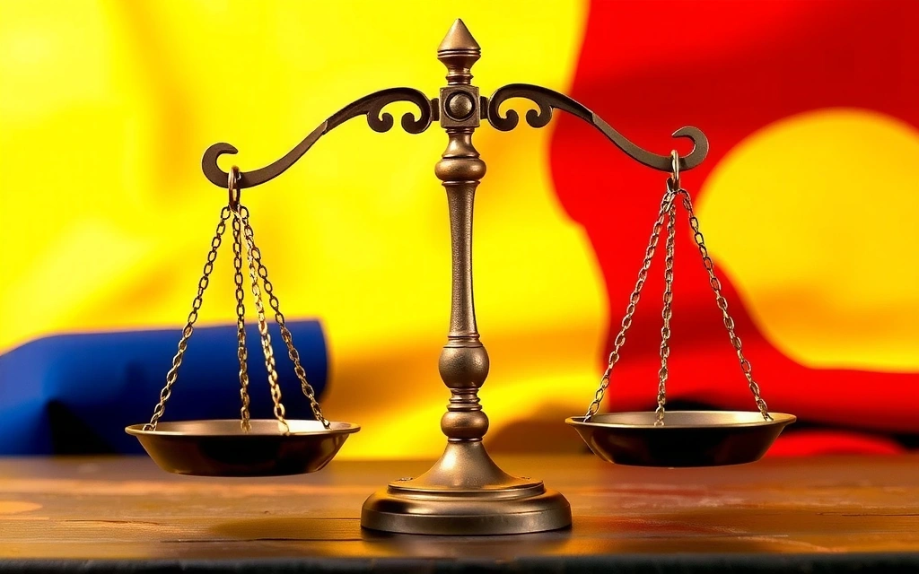 O ilustrație a unei balanțe a justiției cu un steag românesc în fundal, reprezentând legislația aplicabilă și soluționarea disputelor în România.