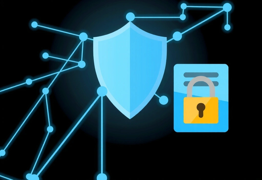 O ilustrație a unui scut de protecție digital, cu un firewall și date securizate, simbolizând limitarea răspunderii și siguranța informațiilor online.